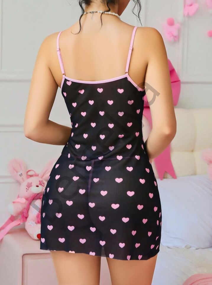 Siyah Kalp Desenli Dantel İşlemeli Fantezi Gecelik