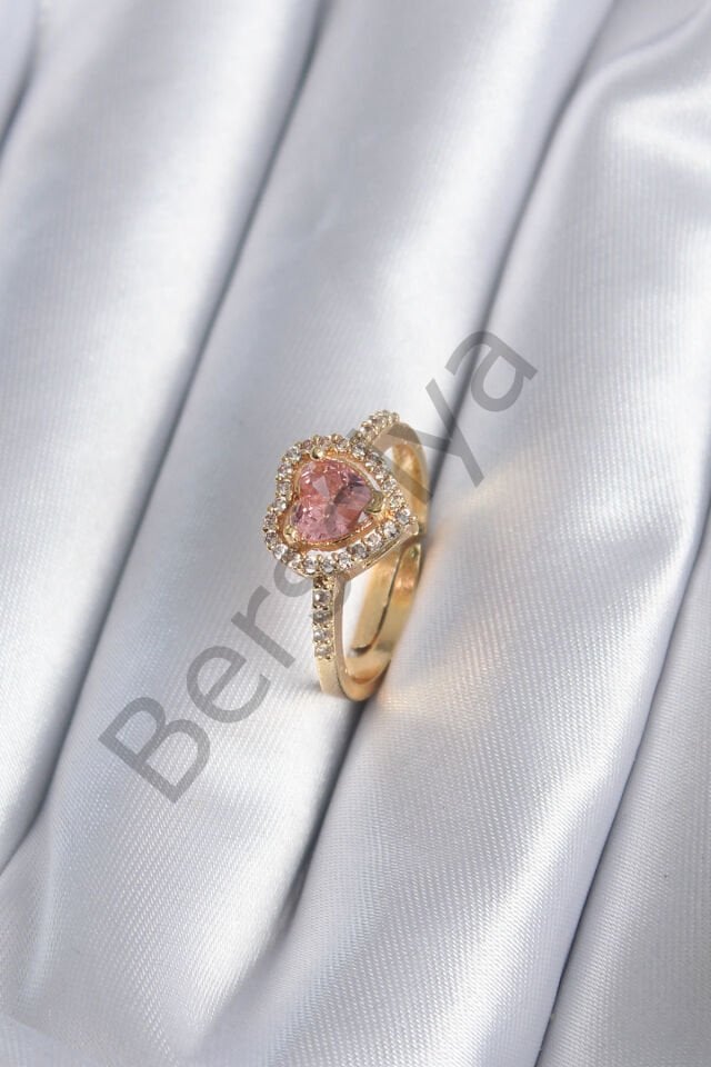 Pirinç Gold Renk Pembe Zirkon Taş Kalp Charm Model Kadın Yüzük