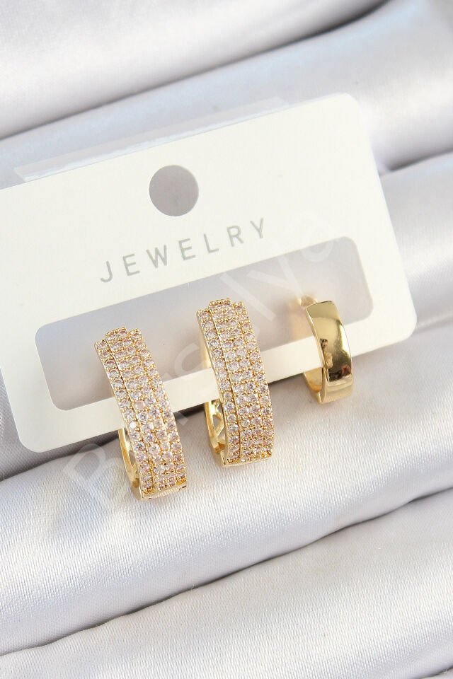 Pirinç Zirkon Taşlı Damla Model Gold Renk 3'lü Çift Kadın Küpe Set