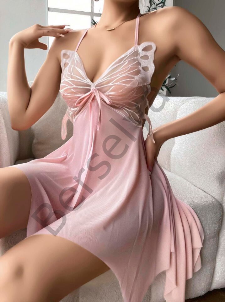 Pembe Kelebek İşlemeli Tül Fantezi Gecelik
