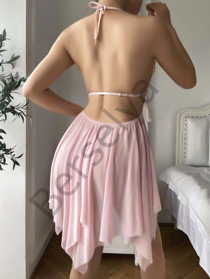 Pembe Kelebek İşlemeli Tül Fantezi Gecelik