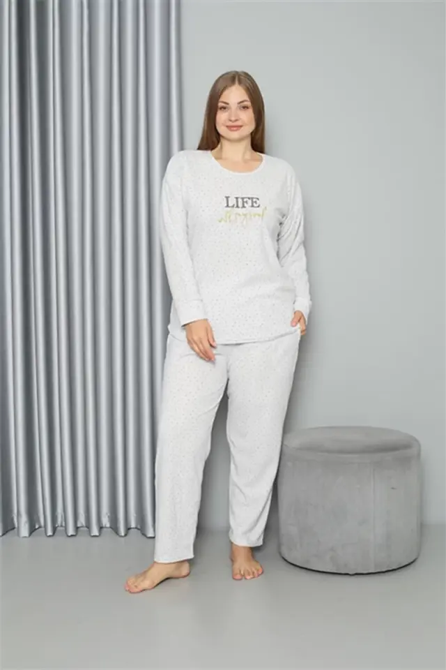 Welsoft Polar Kadın Büyük Beden Pijama Takımı Ekru