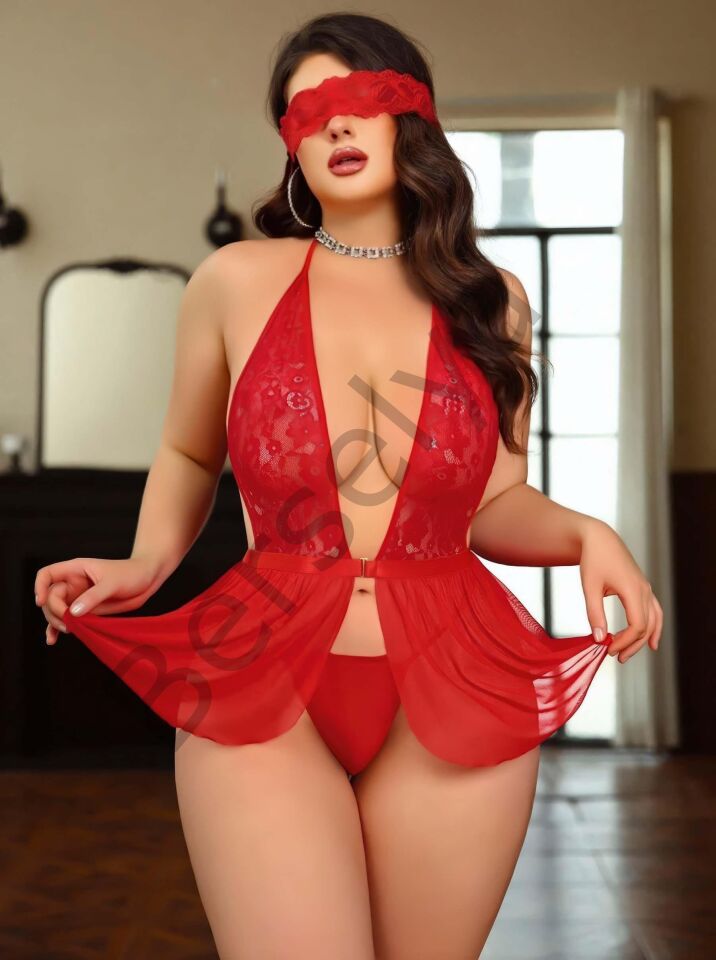 Kadın Dantel Göz Bantlı Boyundan Bağlamalı Fantazi Büyük Beden Gecelik  8001