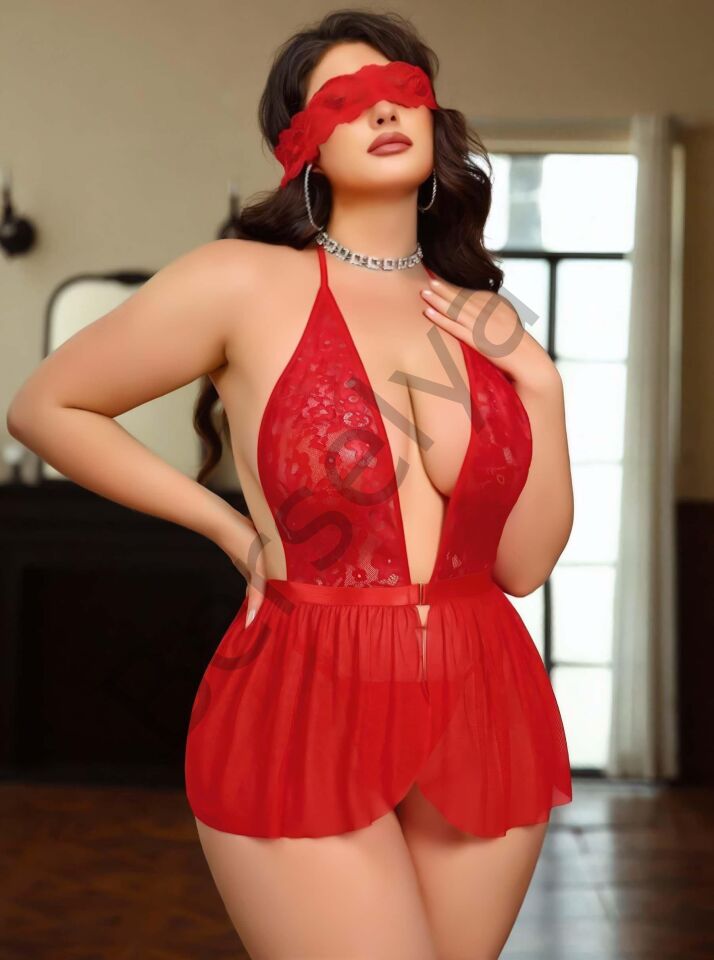 Kadın Dantel Göz Bantlı Boyundan Bağlamalı Fantazi Büyük Beden Gecelik  8001