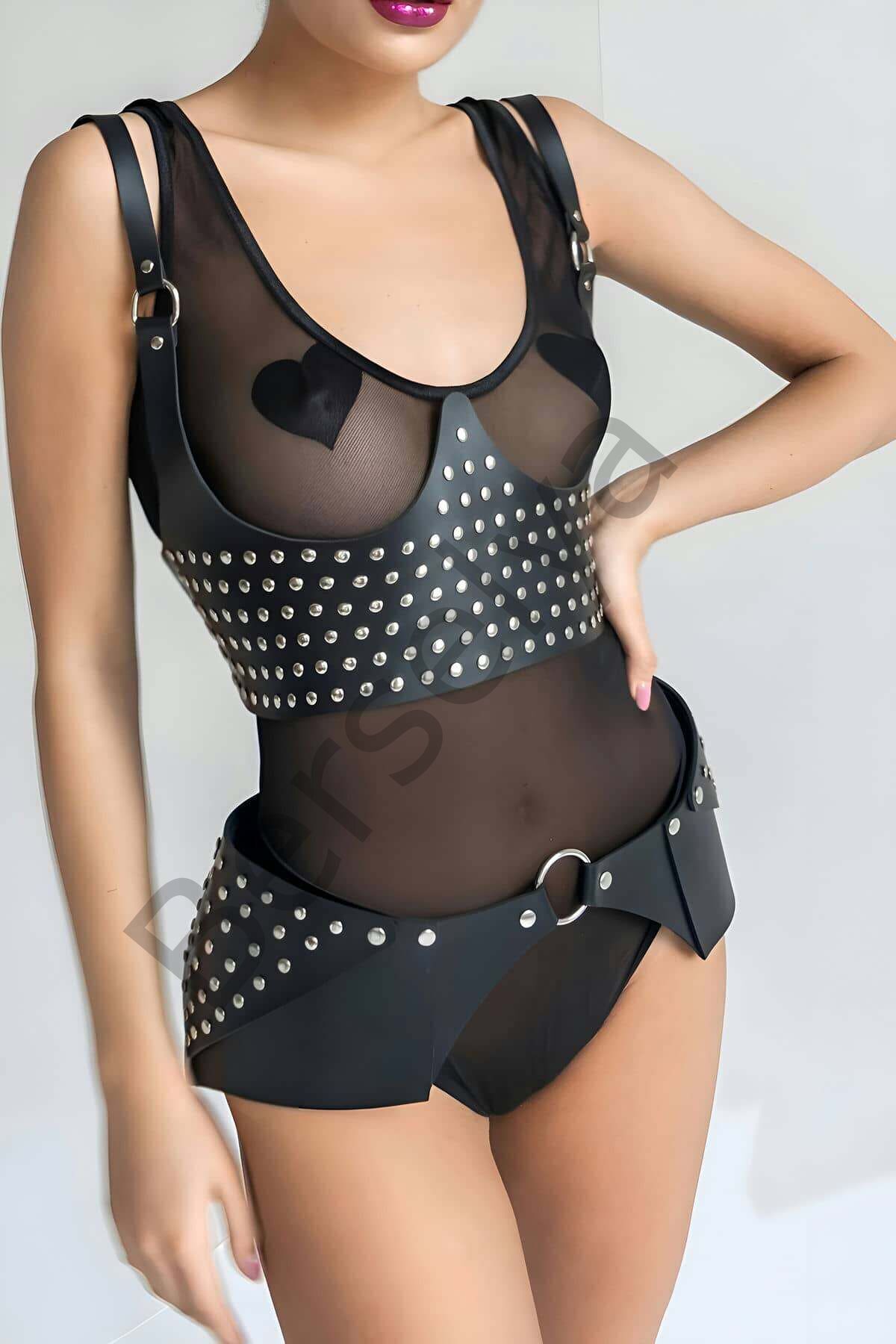 Perçin Detaytlı Şık Kemer Ve Harness Takım - Brf1303