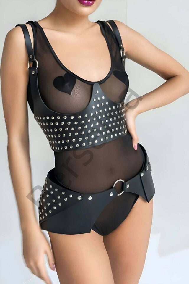 Perçin Detaytlı Şık Kemer Ve Harness Takım - Brf1303