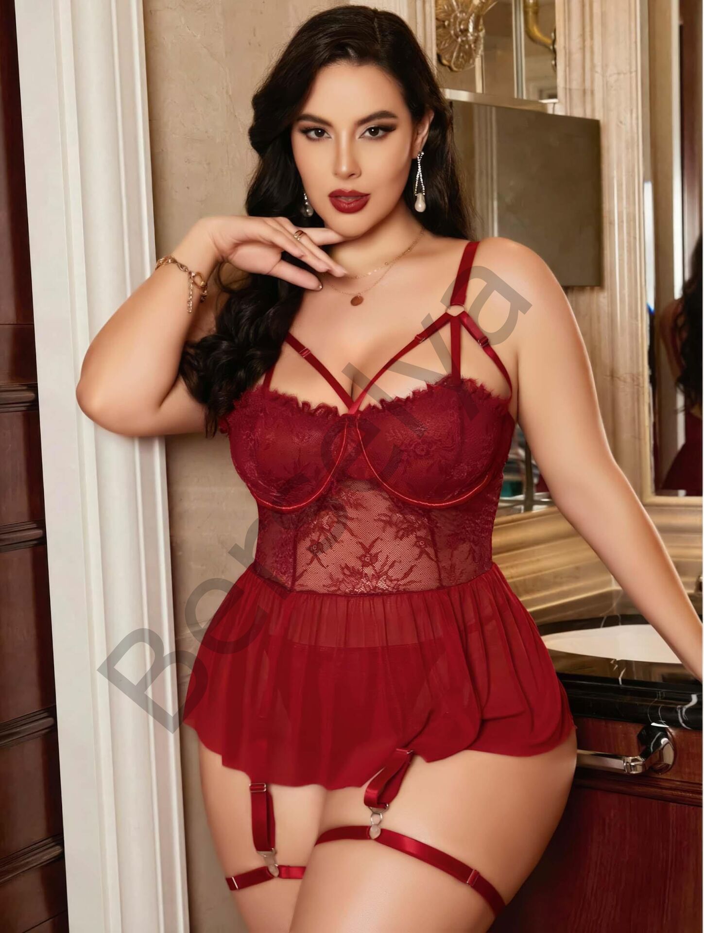 Kadın Bordo Dantelli Transparan Büyük Beden Fantezi Gecelik Takımı 8002