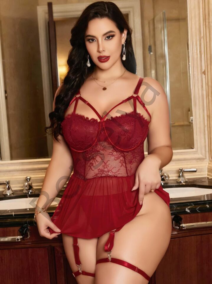 Kadın Bordo Dantelli Transparan Büyük Beden Fantezi Gecelik Takımı 8002