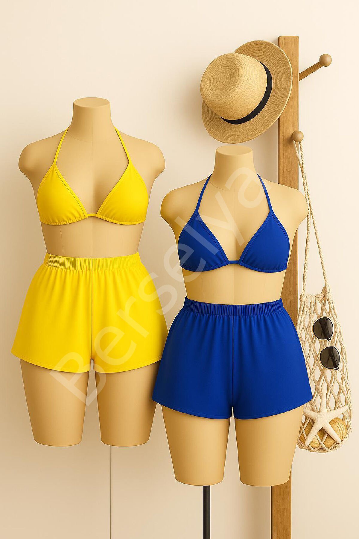 Kadın Sarı Ve Mavi Şortlu Belden Ve Boyundan Bağlamalı Bikini Takımı