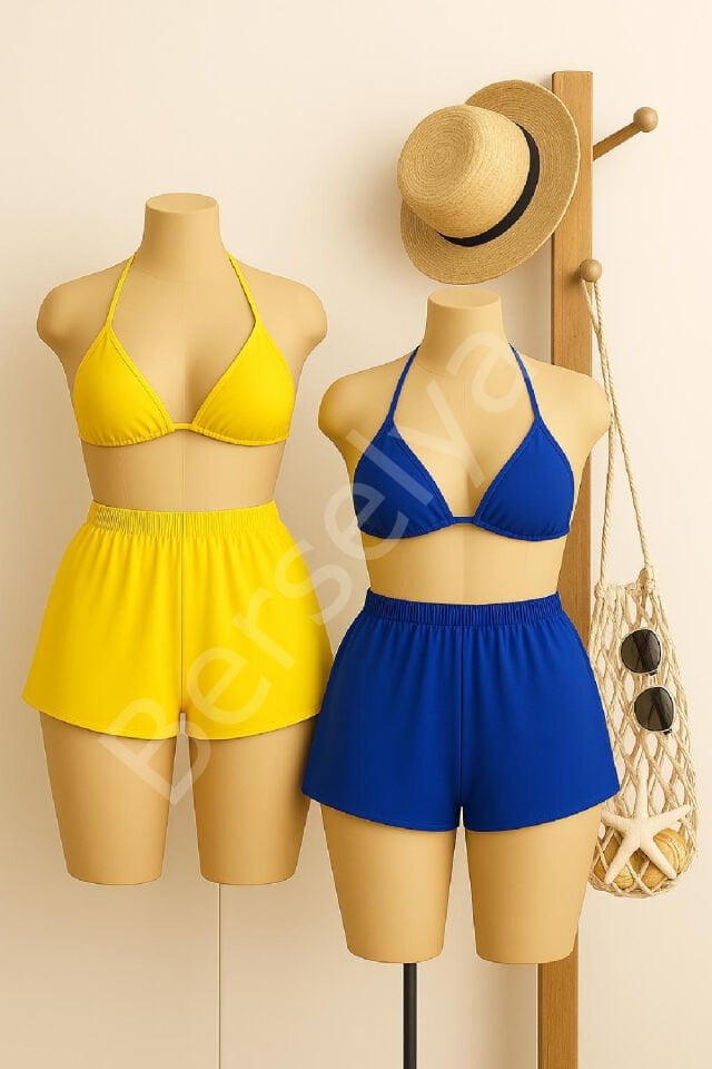 Kadın Sarı Ve Mavi Şortlu Belden Ve Boyundan Bağlamalı Bikini Takımı