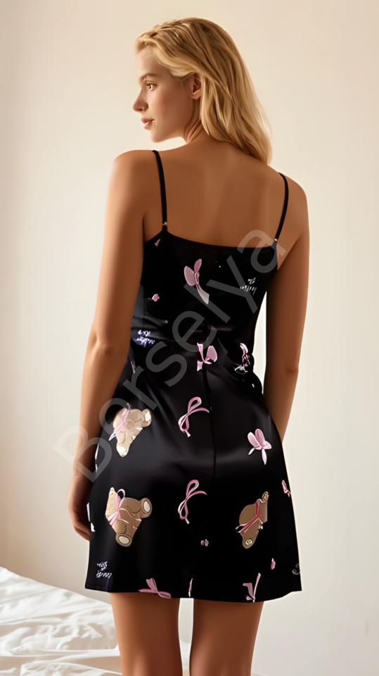 Luna Lora Teddy Satin Siyah İnce Askılı Ayıcık Desenli Saten Mini Gecelik