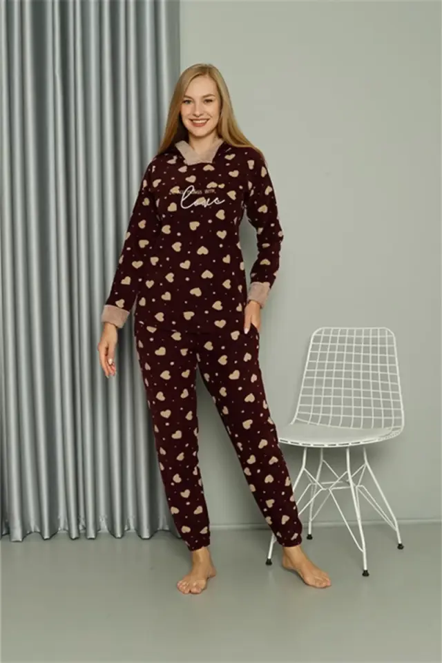 Polar Kadın Kapşonlu Pijama Takımı Bordo