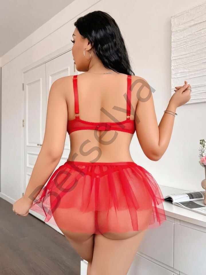 Kadın Çapraz İpli Dantelli Büyük Beden Tüllü Transparan Fantezi Gecelik 8008