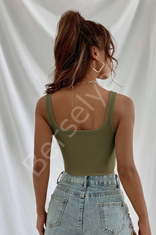 Kadın Haki Yeşili Kalın Askılı Crop Top Büstiyer