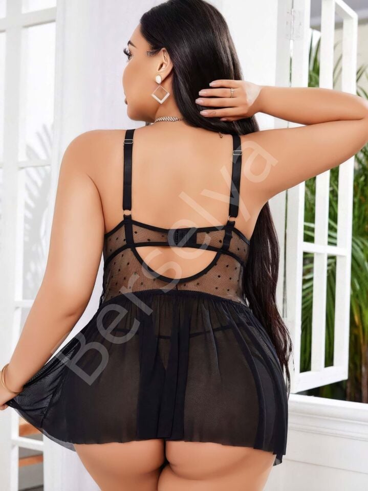 Kadın Nakışlı Siyah Gotik İp Askılı Büyük Beden Tüllü Transparan Fantezi Gecelik 8007