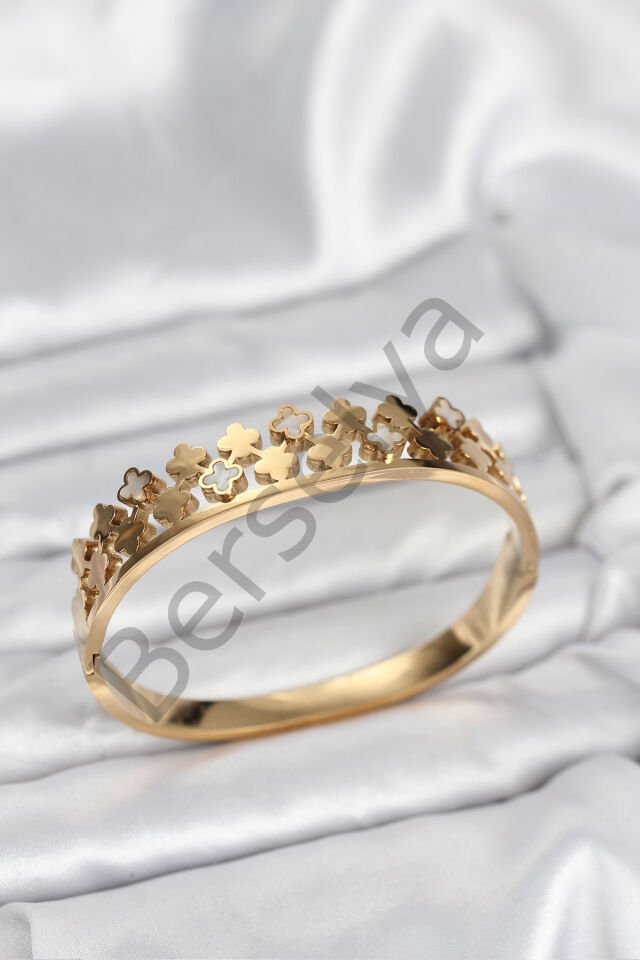 316L Çelik Gold Renk Minimal Yoncalı Kadın Kelepçe Bileklik