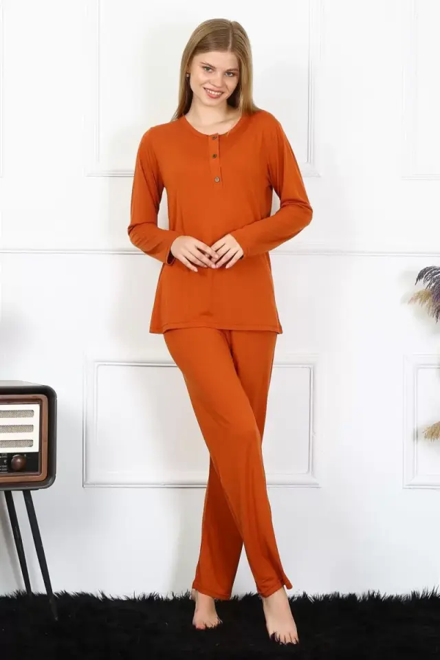 Kadın Penye Uzun Kol Patlı Pijama Takım Kiremit
