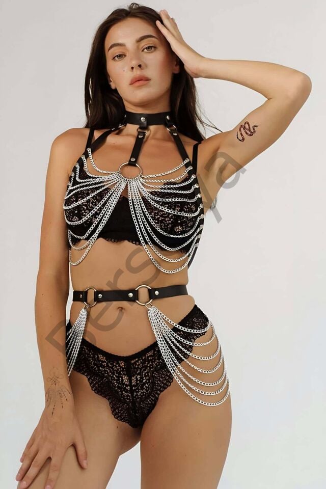 Zincirli Göğüs Ve Bel Detaylı Boyun Ve Arkadan Bağlamalı Harness - Brf701