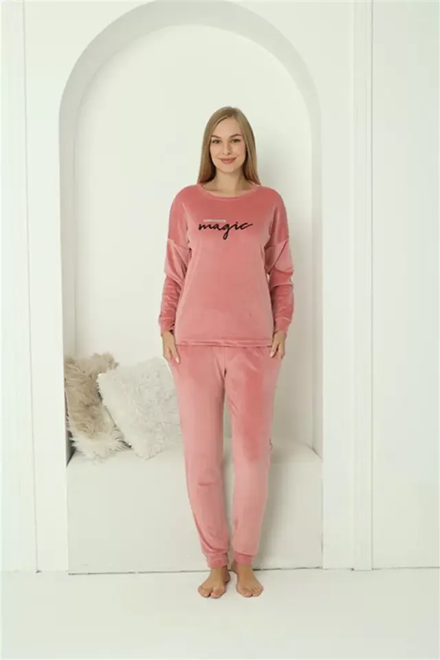 Kadın Kadife Pembe Pijama Takım