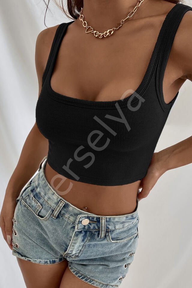 Kadın Siyah Kalın Askılı Crop Top Büstiyer