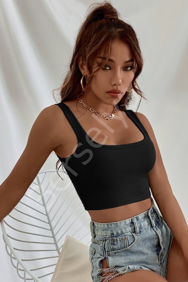 Kadın Siyah Kalın Askılı Crop Top Büstiyer