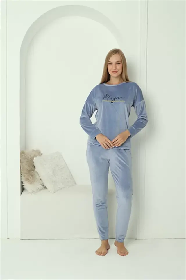 Kadın Kadife Mavi Pijama Takım