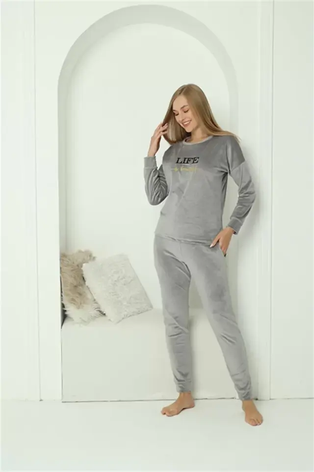 Kadın Kadife Gri Pijama Takım