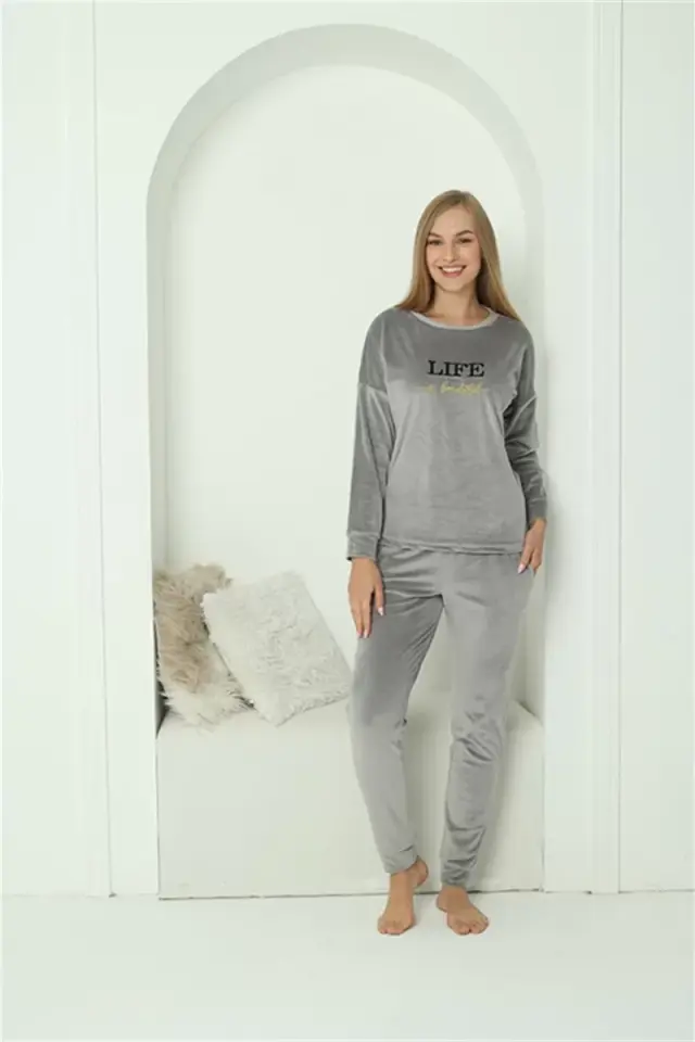 Kadın Kadife Gri Pijama Takım