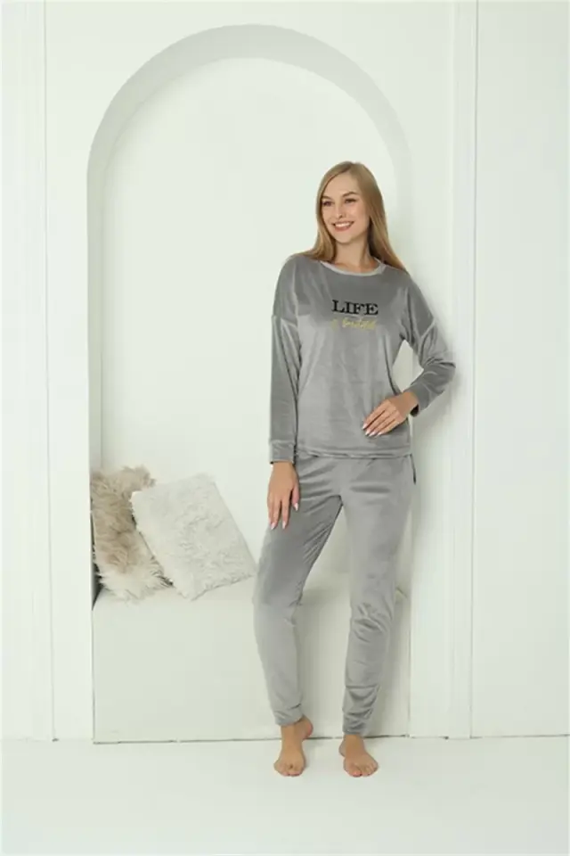 Kadın Kadife Gri Pijama Takım