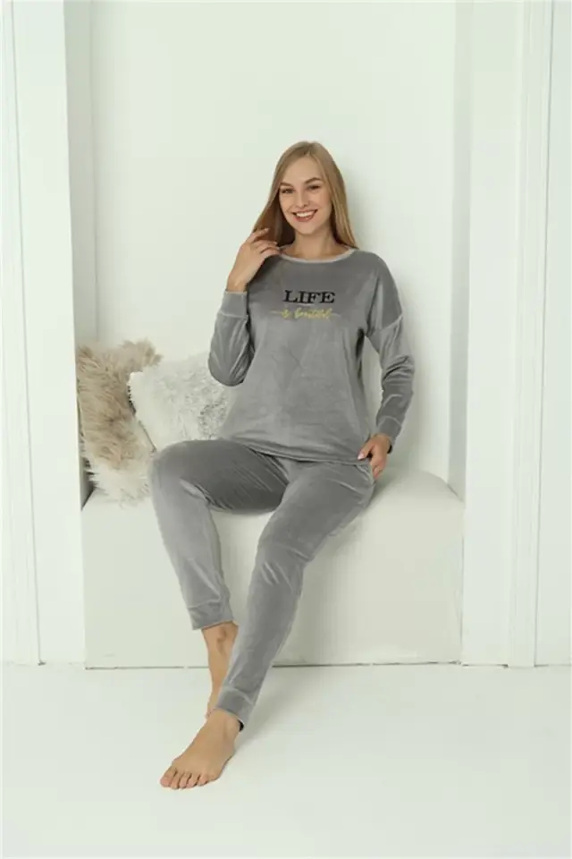 Kadın Kadife Gri Pijama Takım