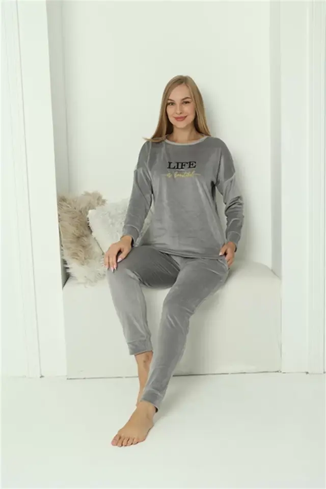Kadın Kadife Gri Pijama Takım