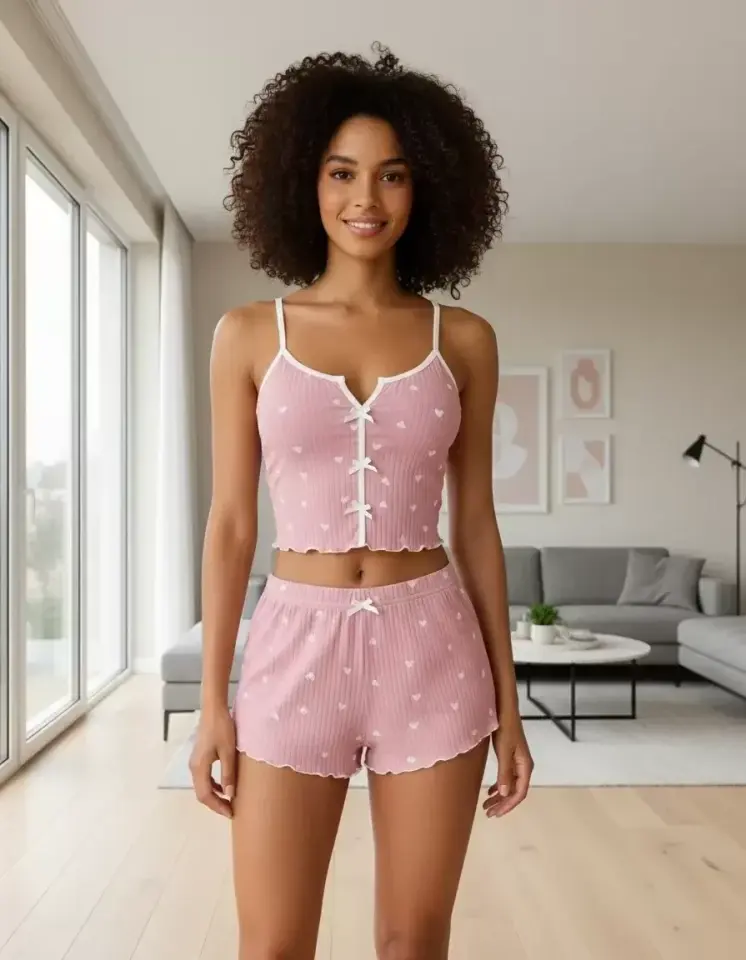 Kadın Pembe Kalp Desenli Askılı Şortlu Pijama Takımı Rahat Şık 2’li Set