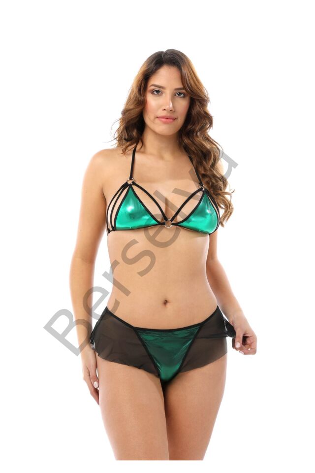 Yeşil  Deri ( Lame ) İkili Takım Gecelik - 419