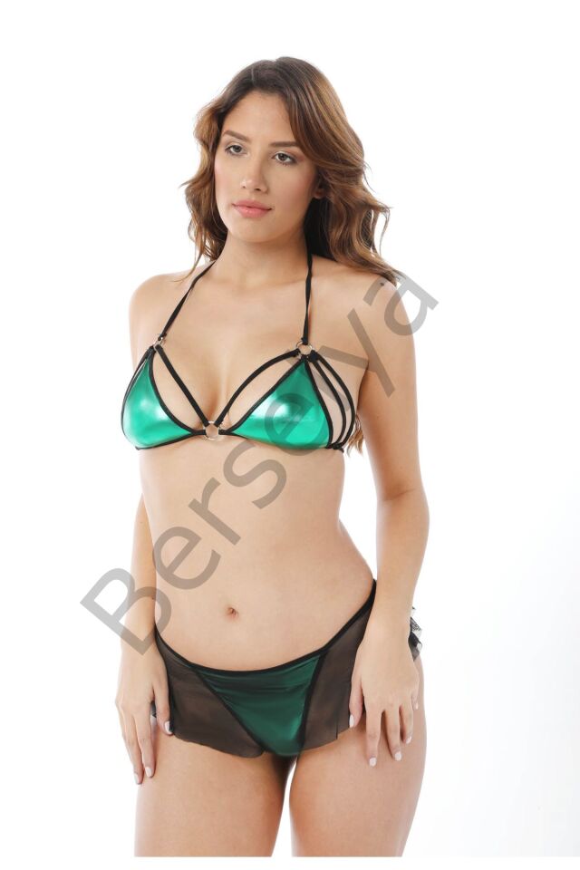 Yeşil  Deri ( Lame ) İkili Takım Gecelik - 419