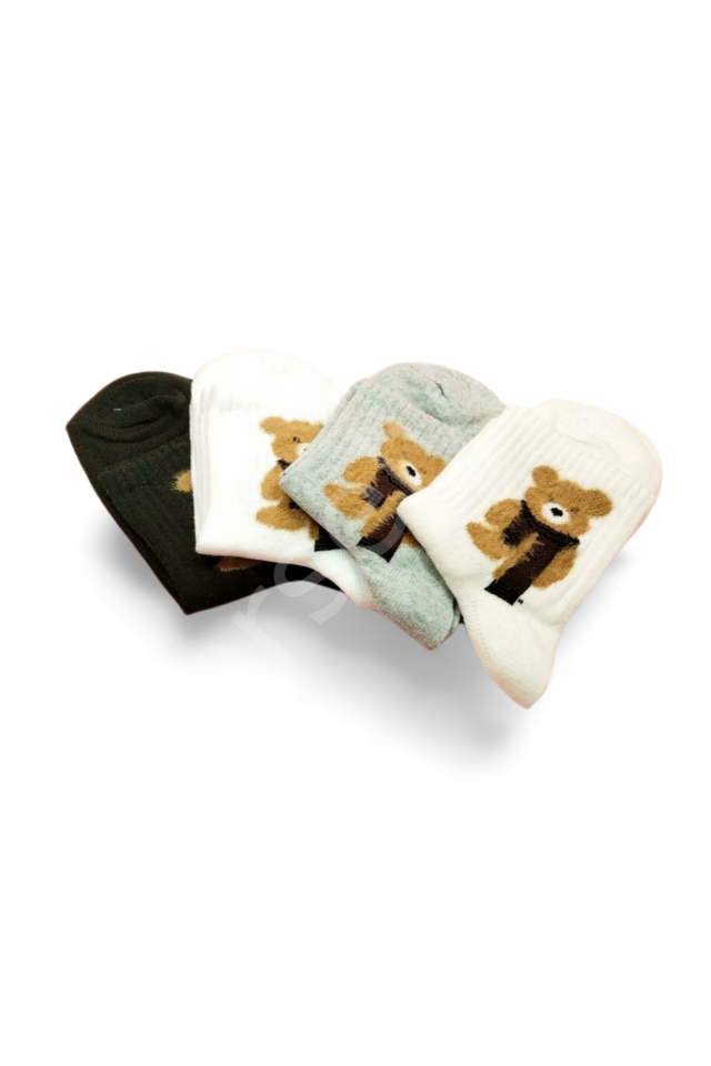Peluş Ayıcık İşlemeli Kadın Soket Çorap 4 Çift 36-40