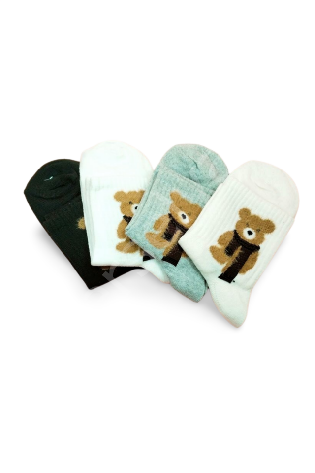 Peluş Ayıcık İşlemeli Kadın Soket Çorap 4 Çift 36-40