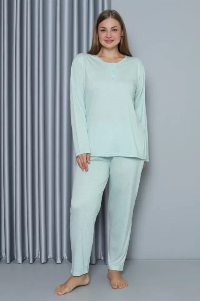 Kadın Büyük Beden Penye Uzun Kol Pijama Takım Su Yeşili