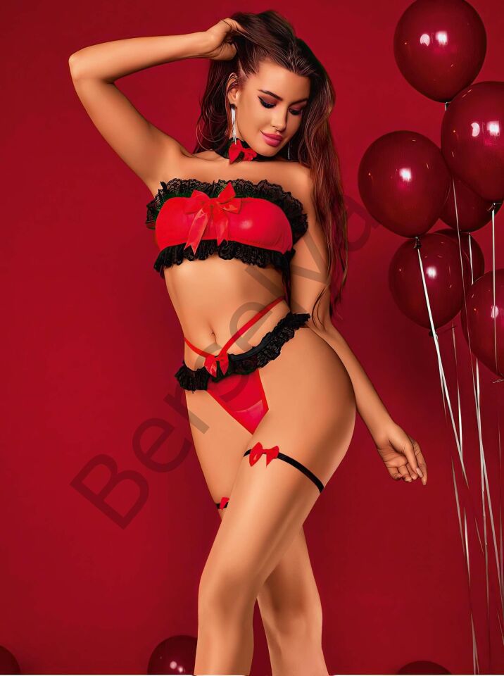 Kadın Kırmızı Siyah Dantel Detaylı Fantezi Kostüm 2063