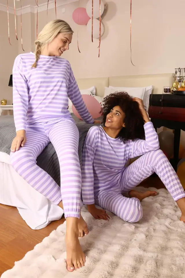 Kadın Uzun Kol Penye Pijama Takım Lila