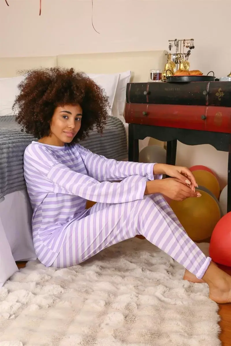 Kadın Uzun Kol Penye Pijama Takım Lila
