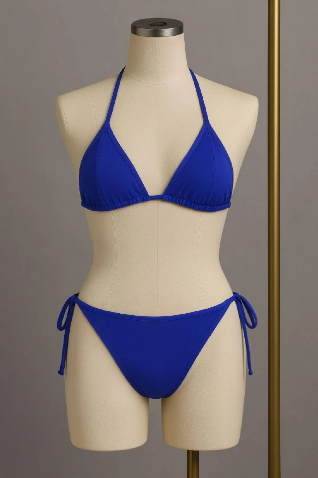 Mavi Üçgen Bikini Takımı Yandan ve Boyundan Bağlamalı Esnek Kumaş Kadın Mayo Seti