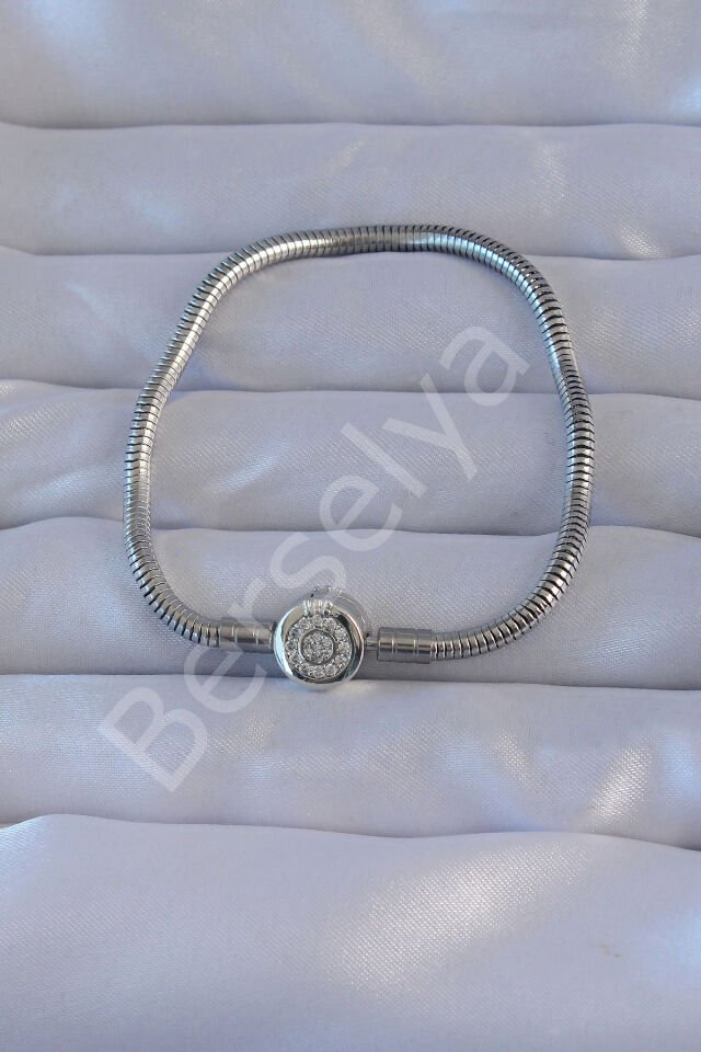 Pirinç Gümüş Renk Zirkon Taşlı Charm Bileklik