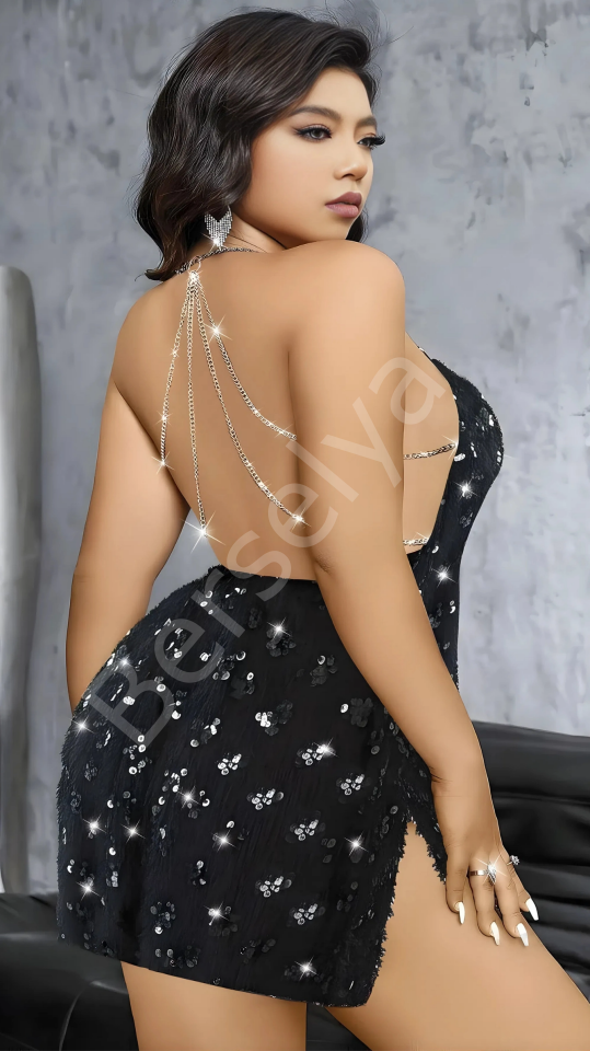 Luna Lora Büyük Beden Siyah Payetli Mini Elbise Zincir Sırt Dekolteli Parlak Club Elbisesi