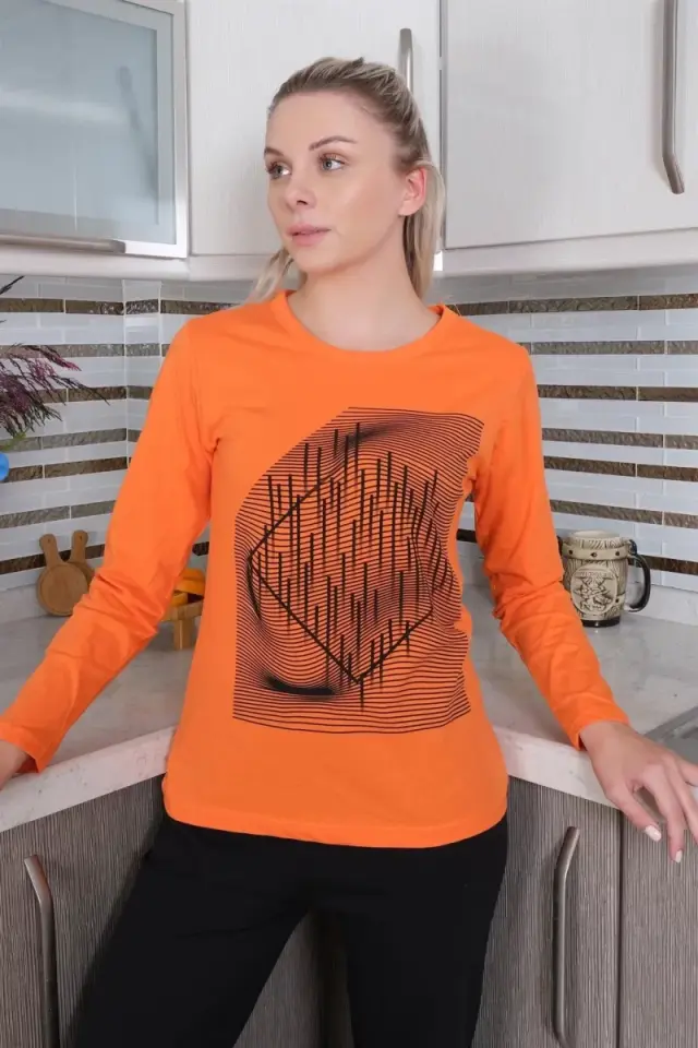 Kadın Uzun Kol Penye Pijama Takım Turuncu
