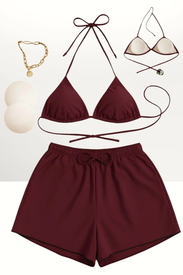 Bordo 3’lü Bikini Takımı Şortlu Yandan Bağlamalı Üçgen Üst Esnek Kadın Mayo