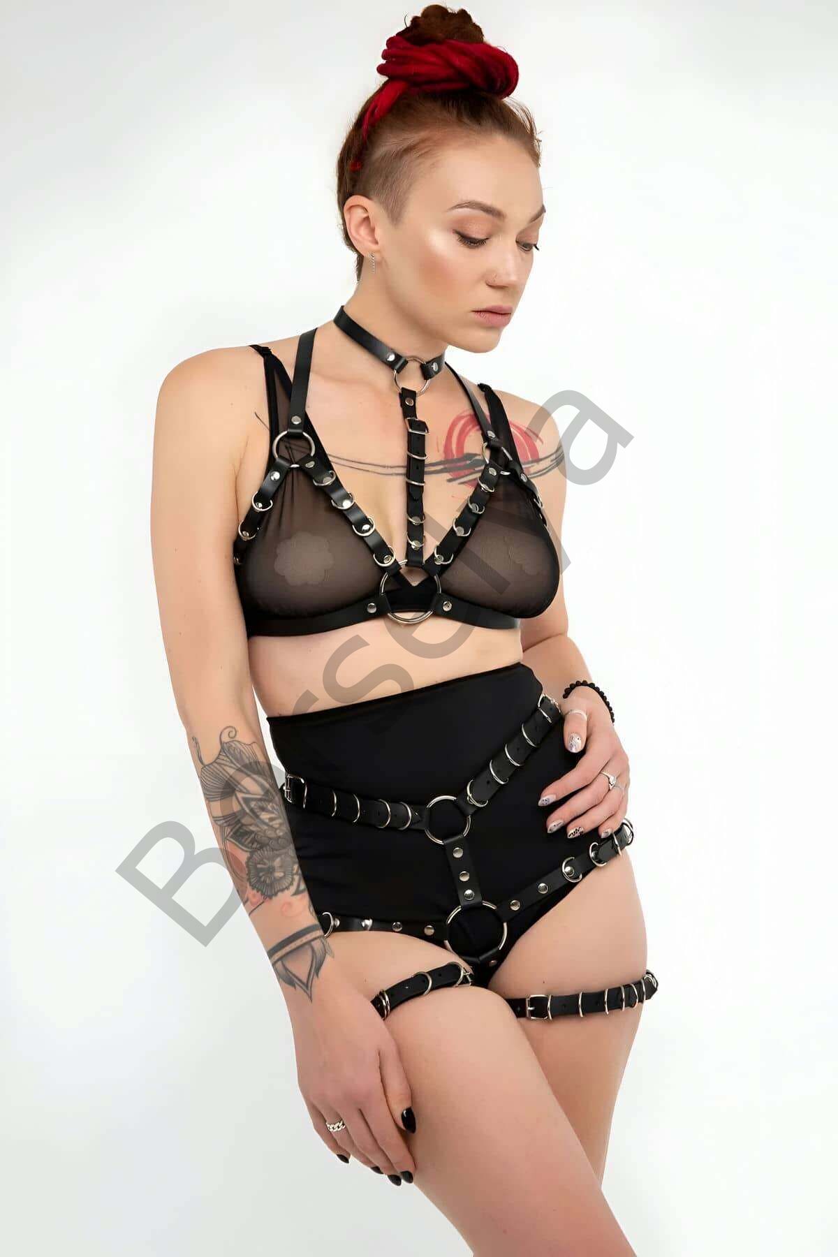 Deri Fantezi Giyim, Seksi Deri İç Giyim, Şık Deri Harness Takım - Brf874