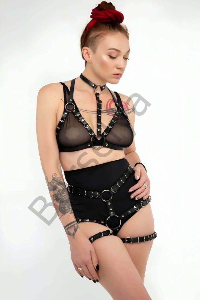 Deri Fantezi Giyim, Seksi Deri İç Giyim, Şık Deri Harness Takım - Brf874