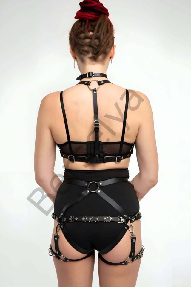 Deri Fantezi Giyim, Seksi Deri İç Giyim, Şık Deri Harness Takım - Brf874
