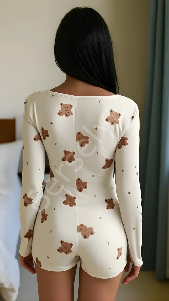 Luna Lora Ecru Teddy Dream Pamuklu Ekru Ayıcık Desenli Düğmeli Tulum Pijama