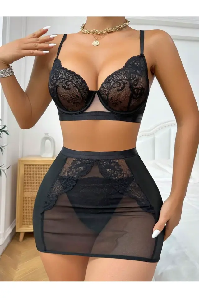 Siyah Dantel Detay İç Çamaşır Takım Pr1660